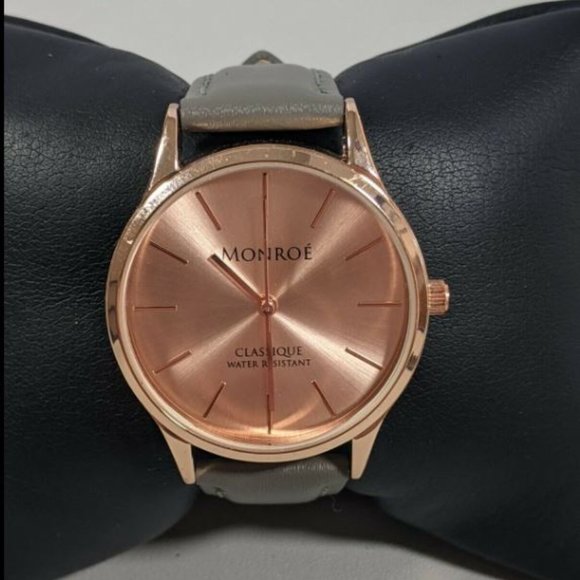 Monroe SOLÉROSE Watch Rose Gold CHARCOAL LEATHER Strap Unisex NWT - Picture 3 of 5